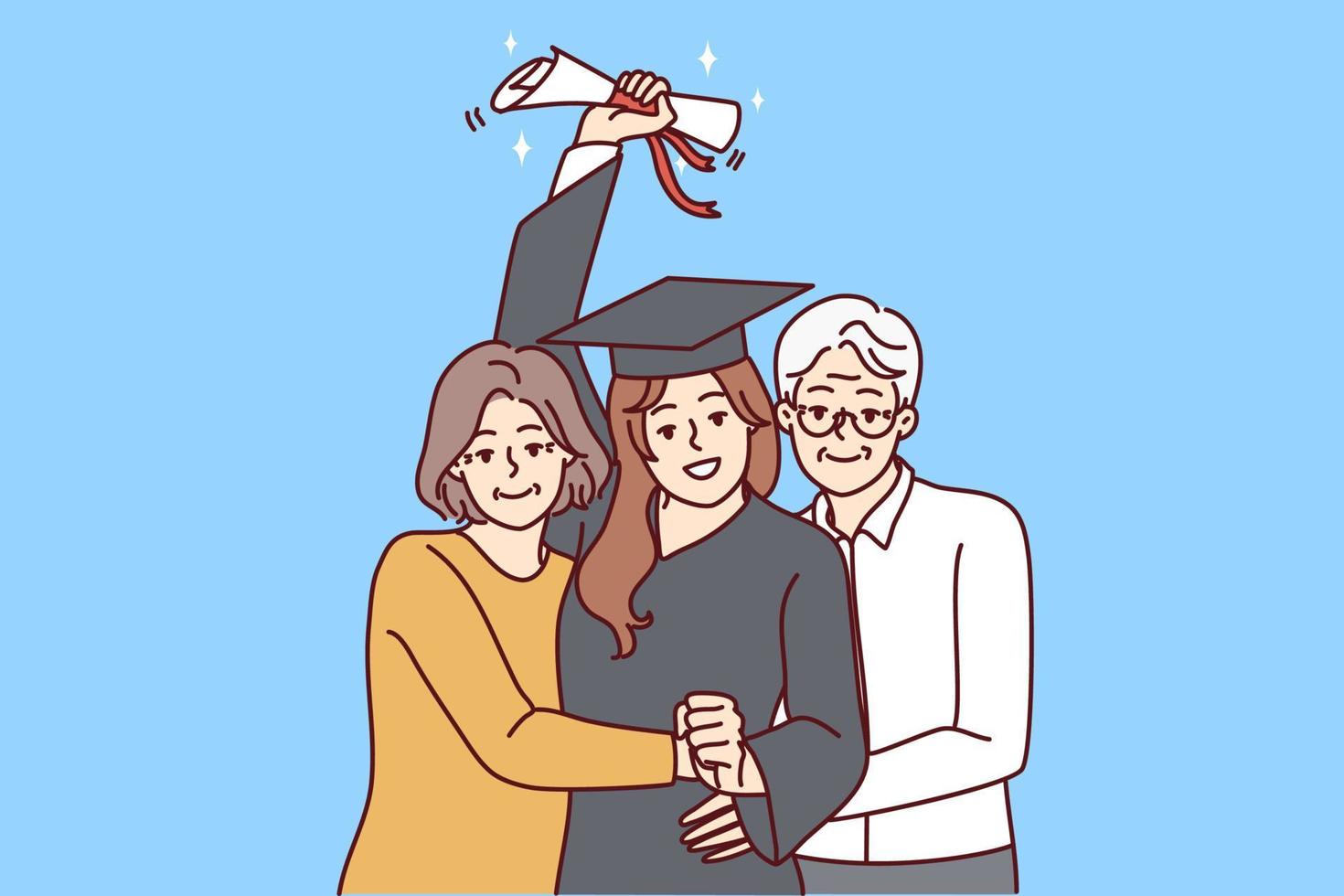 glückliche ältere eltern umarmen aufgeregte tochter im abschlussmantel mit diplom. lächelnde reife mama und papa umarmen ein glückliches mädchen mit abschluss an der universität. Vektor-Illustration. vektor