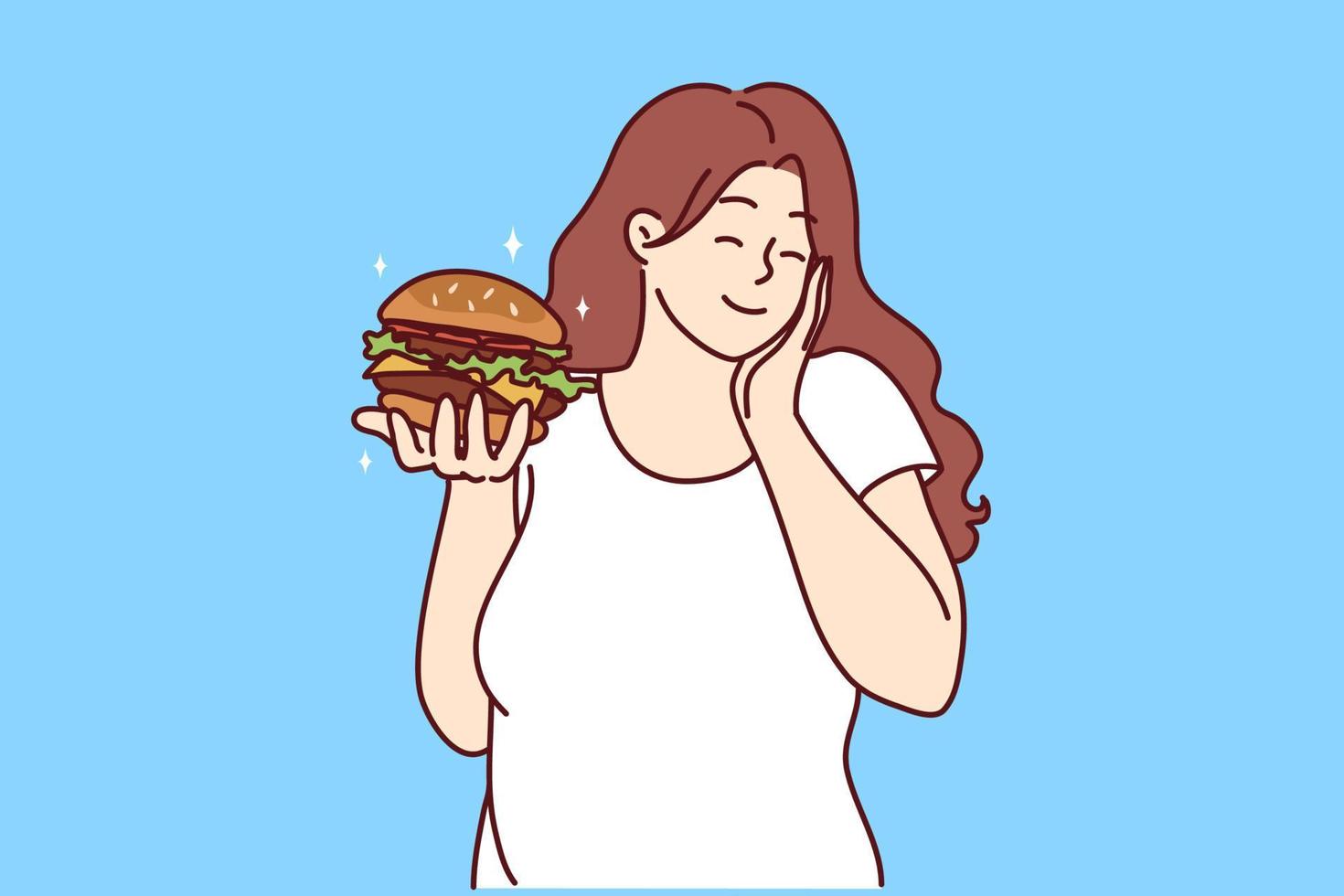 Lycklig övervikt kvinna innehav burger upphetsad handla om snabb mat. leende fett flicka äter fet ohälsosam hamburgare. diet och näring. vektor illustration.