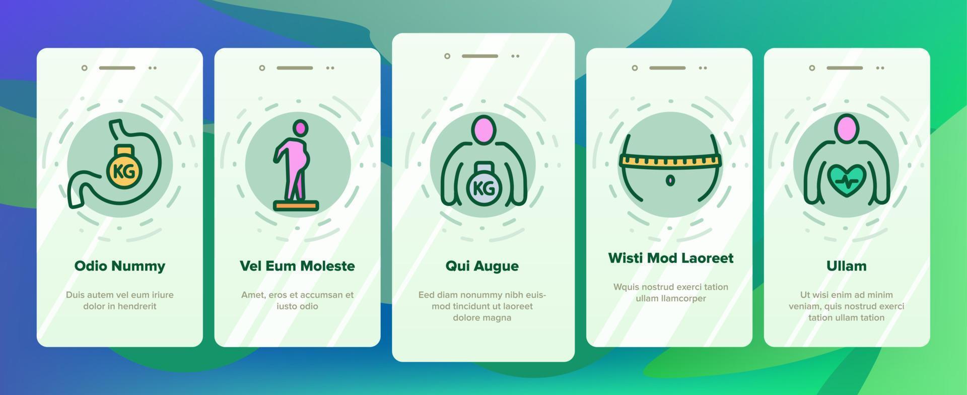 fetma och övervikt onboarding ikoner uppsättning vektor