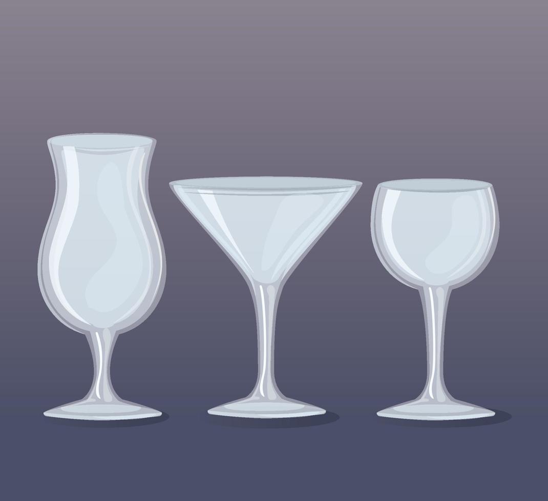 mockup, transparent glasögon tömma, koppar av vin och cocktails vektor