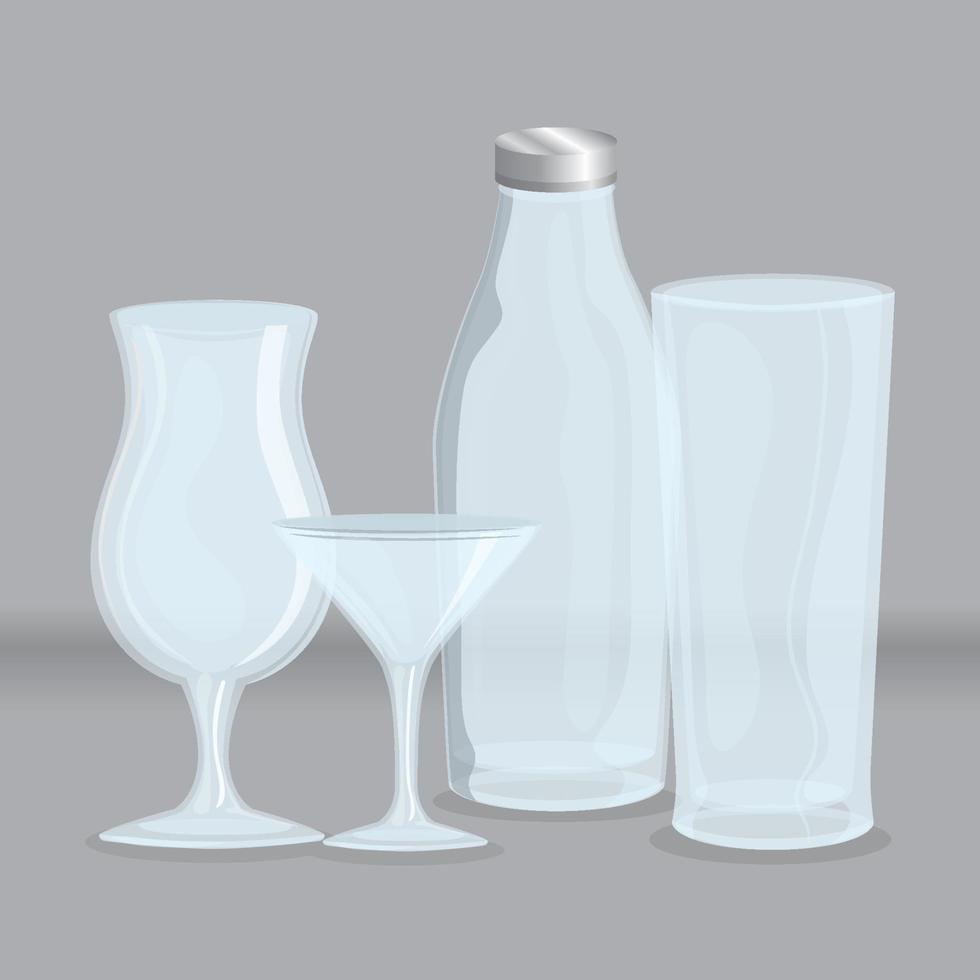 mockup, transparent glasögon tömma, koppar, flaska och glas vektor