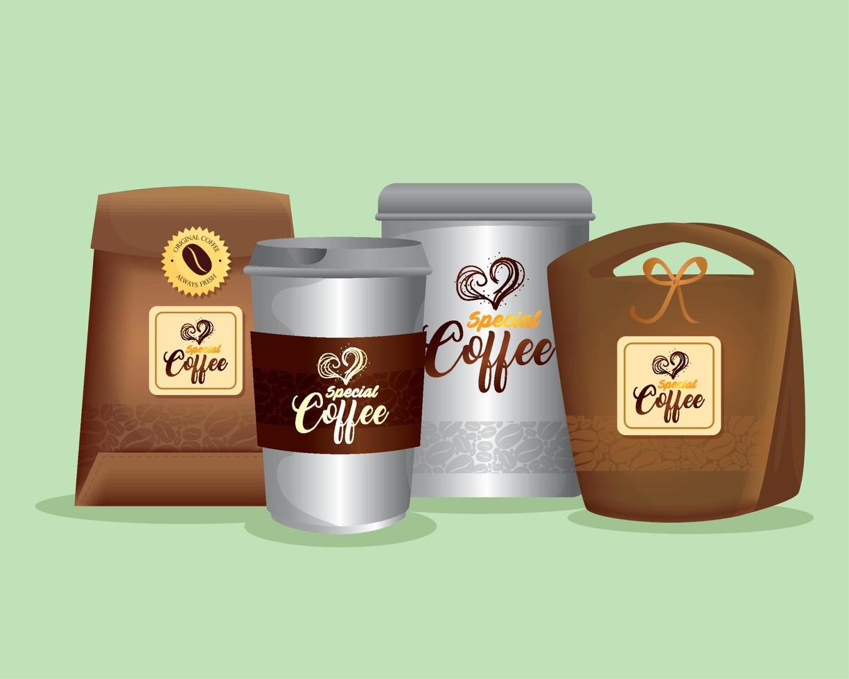 Branding-Mockup-Café, Corporate-Identity-Mockup, Tragetaschenpapier, Einwegartikel und eine Flasche Spezialkaffee vektor