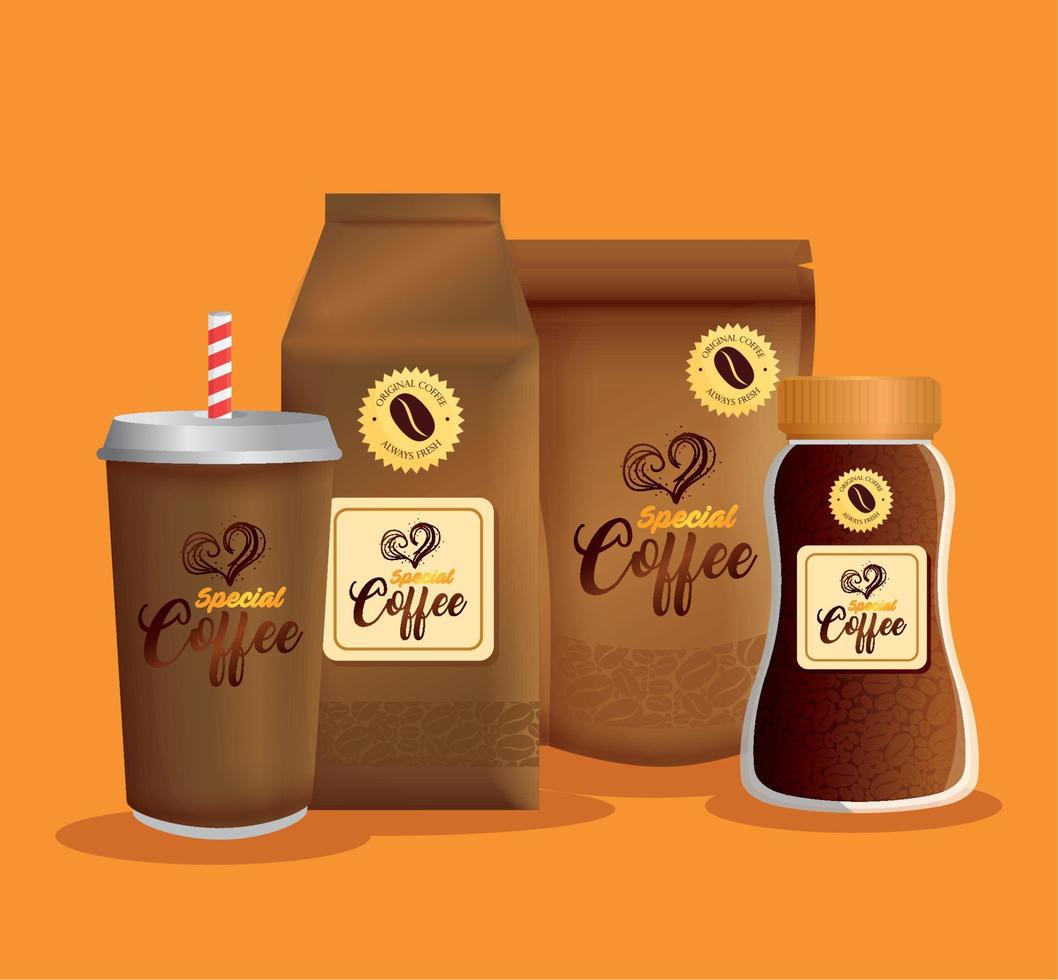 branding attrapp kaffe affär, företags- identitet mockup, blixtlås paket, väska papper, disponibel och flaska av särskild kaffe vektor