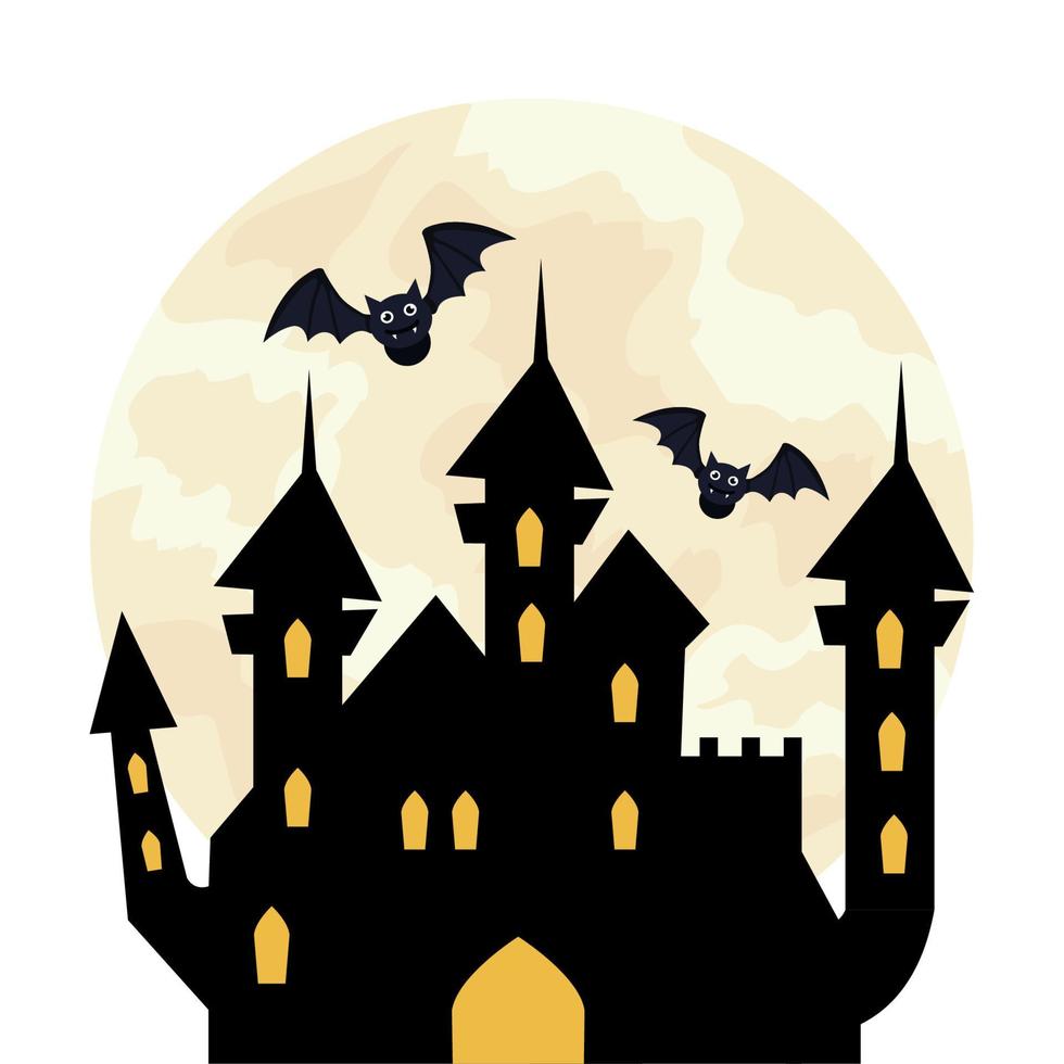 halloween, spukschloss mit fledermäusen, die im weißen hintergrund fliegen vektor