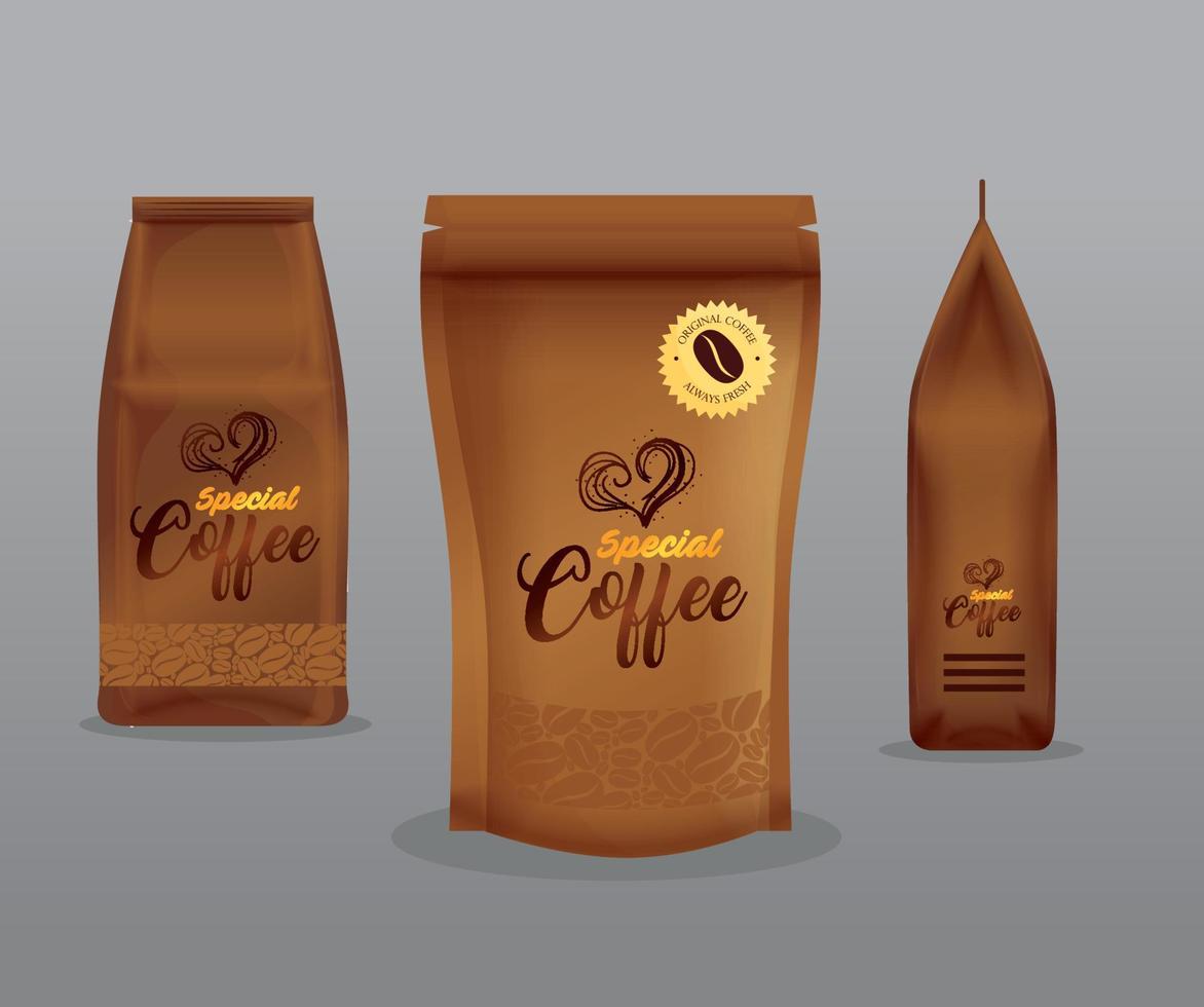 Branding-Mockup-Café, Corporate-Identity-Mockup, Zip-Paket und Taschenpapier mit Spezialkaffee vektor