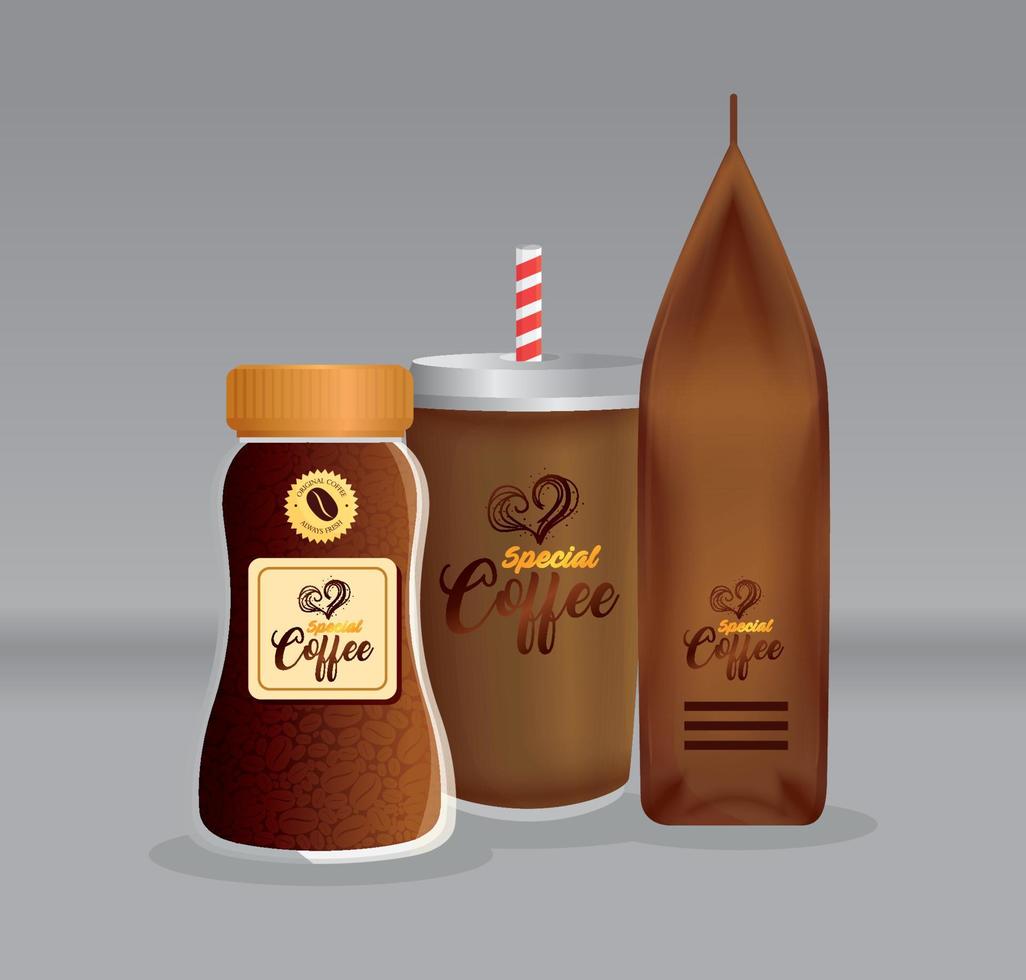 branding attrapp kaffe affär, företags- identitet mockup, väska papper, disponibel och flaska glas av särskild kaffe vektor