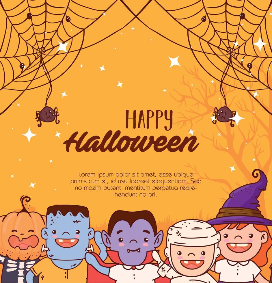 grupp barn förtäckt för Lycklig halloween firande vektor