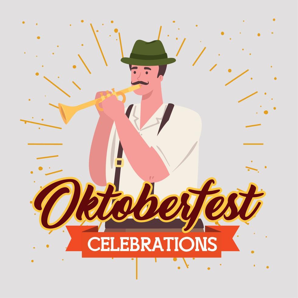 oktoberfest man tecknad serie med traditionell trasa och trumpet vektor design