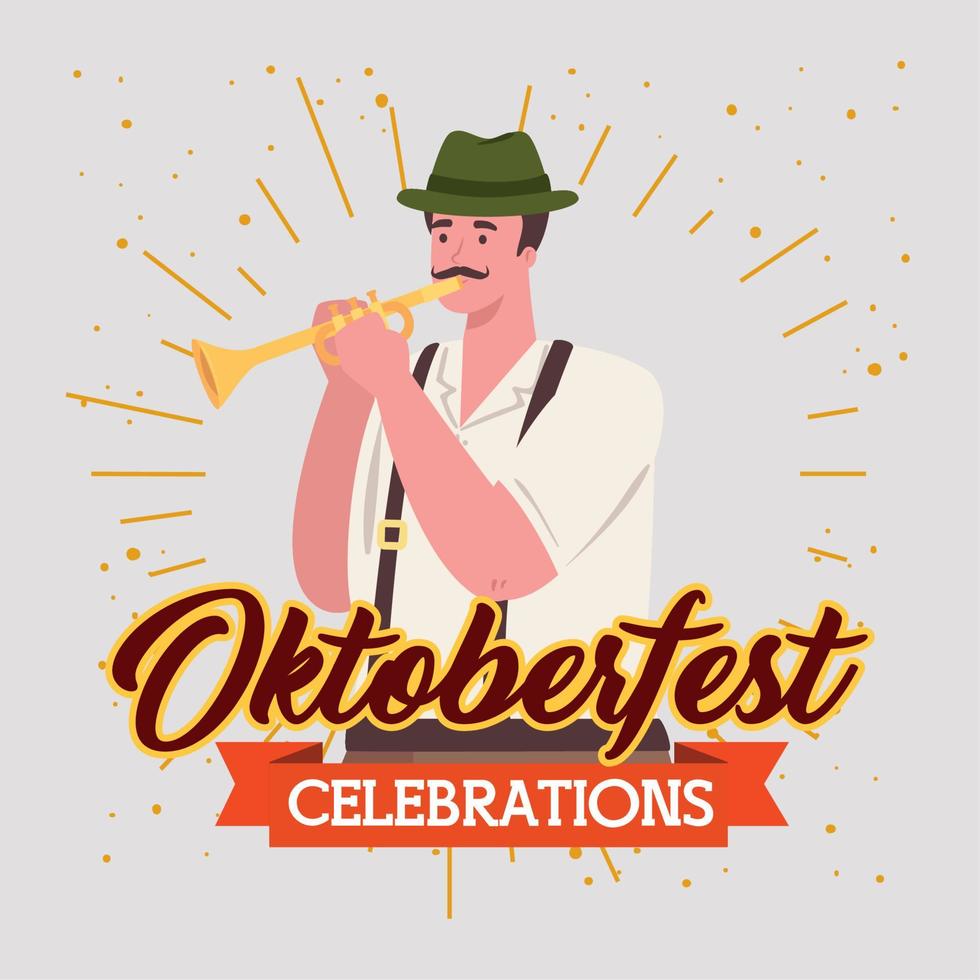 oktoberfest-mannkarikatur mit traditionellem stoff- und trompetenvektordesign vektor