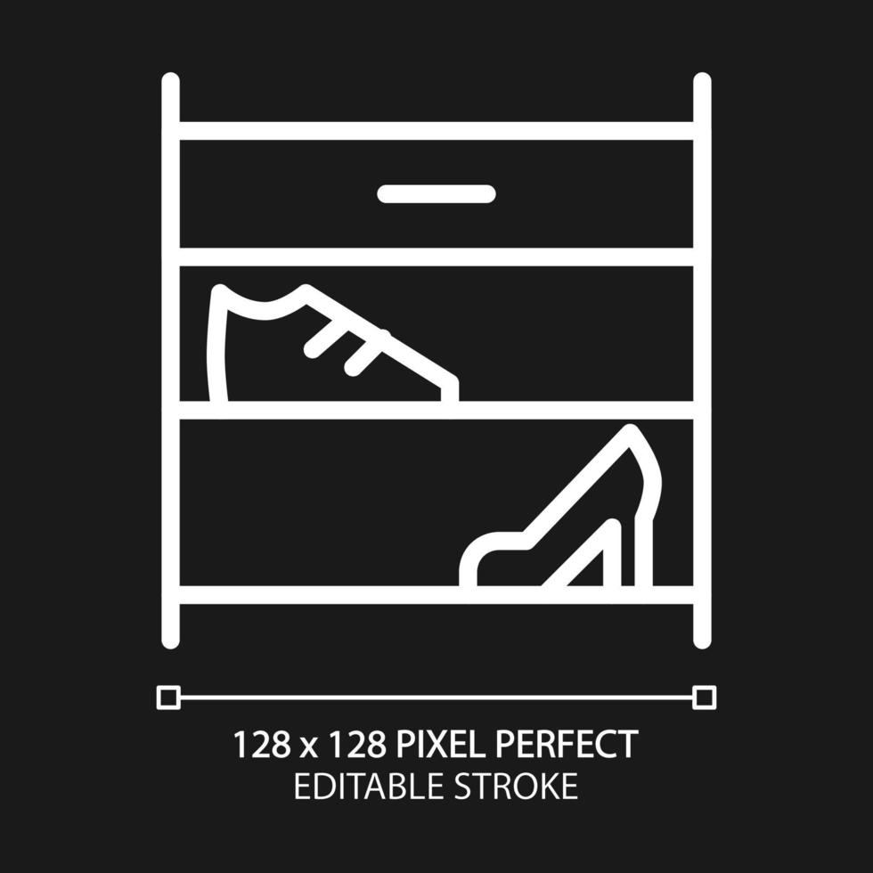 Schuhregal Pixel perfektes weißes lineares Symbol für dunkles Thema. Organizer zur Aufbewahrung von Schuhen. modernes Wohnmöbelgeschäft. Regale. dünne Liniendarstellung. isoliertes Symbol für Nachtmodus. editierbarer Strich vektor