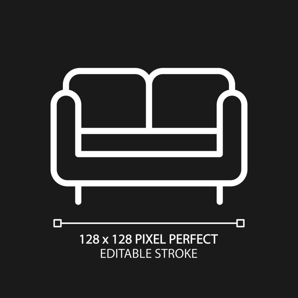 kärleks säte pixel perfekt vit linjär ikon för mörk tema. små soffa för levande rum. två-sits stol. Hem möbel Lagra. tunn linje illustration. isolerat symbol för natt läge. redigerbar stroke vektor