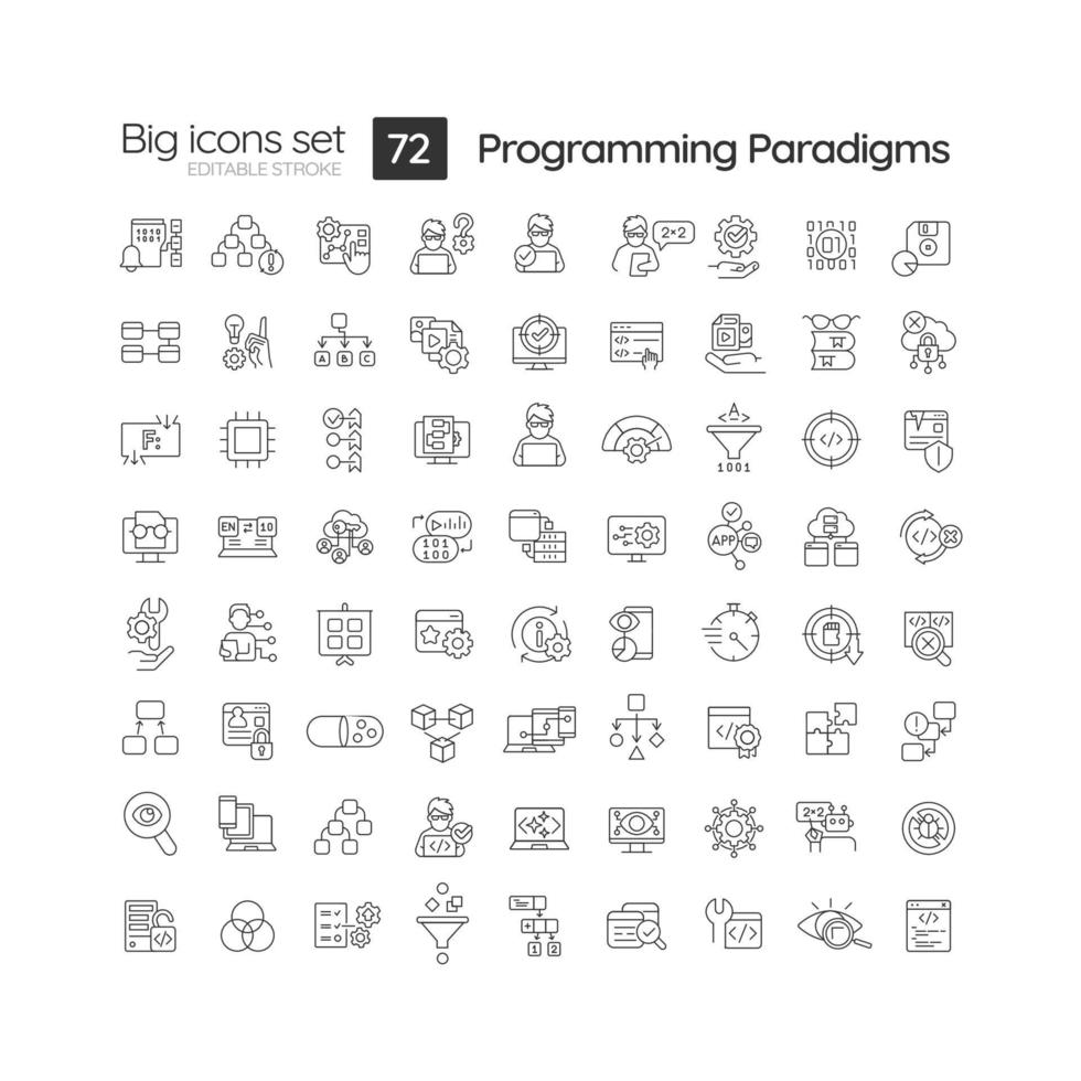 programmering språk paradigm linjär ikoner uppsättning. byggnad dator program stilar. programvara teknik. anpassningsbar tunn linje symboler. isolerat vektor översikt illustrationer. redigerbar stroke