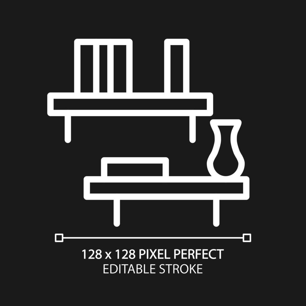 flytande hylla pixel perfekt vit linjär ikon för mörk tema. trä- inredning. dekorativ hyllor. Hem möbel Lagra. tunn linje illustration. isolerat symbol för natt läge. redigerbar stroke vektor