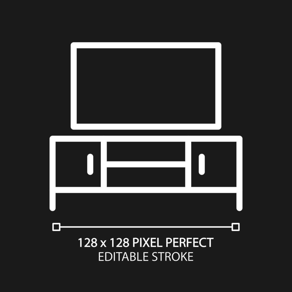 TV stå pixel perfekt vit linjär ikon för mörk tema. underhållning Centrum. tittar på filmer. tv. Hem möbel. tunn linje illustration. isolerat symbol för natt läge. redigerbar stroke vektor