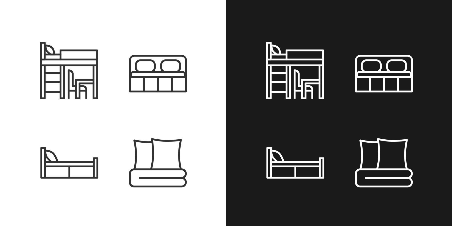 möbel für zu hause Pixel perfekte lineare symbole für den dunklen, hellen modus. schlafzimmer dekor. Hauseinrichtung. dünne liniensymbole für nacht, tag thema. isolierte Illustrationen. editierbarer Strich vektor