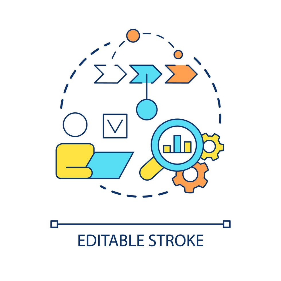 Symbol für das Konzept der Geschäftsentwicklungsanalyse. Plan erstellen. unternehmensstrategie, die abstrakte idee, dünne linie illustration studiert. isolierte Umrisszeichnung. editierbarer Strich. Schriftart Arial verwendet vektor