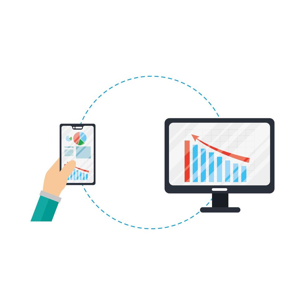 händer som håller smartphone och dator med infografisk vektordesign vektor