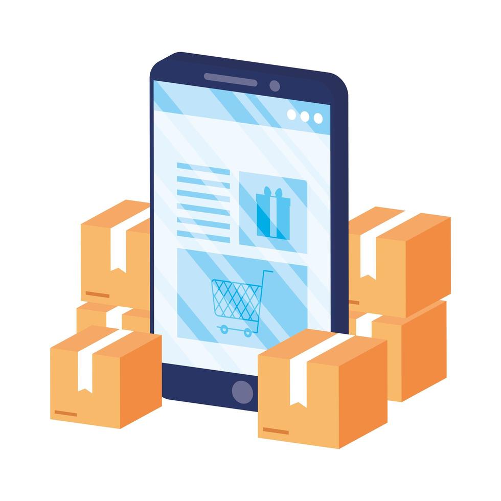 Online-E-Commerce mit Smartphone und Boxen vektor