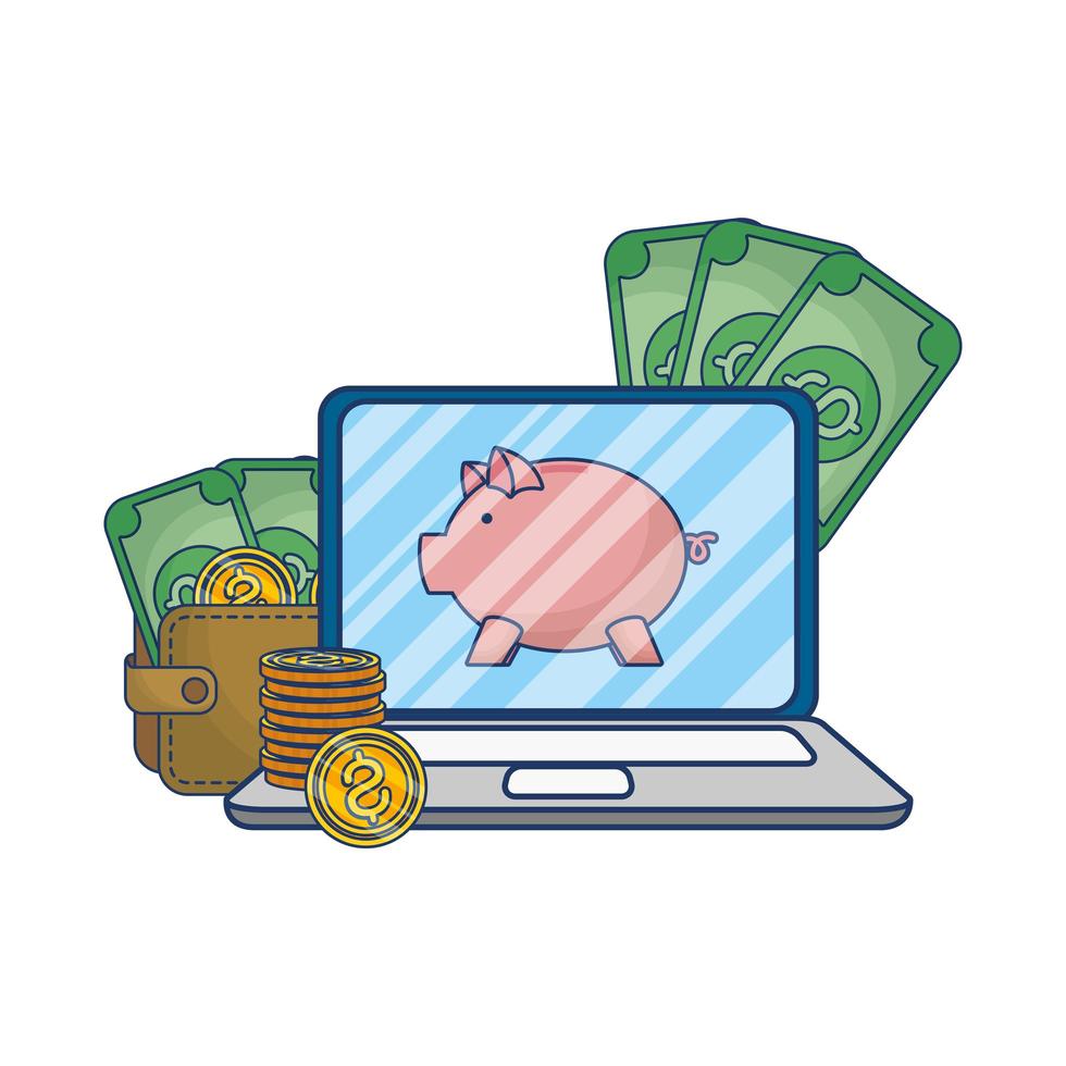 online-e-handel på bärbar dator med pengar och besparingar vektor
