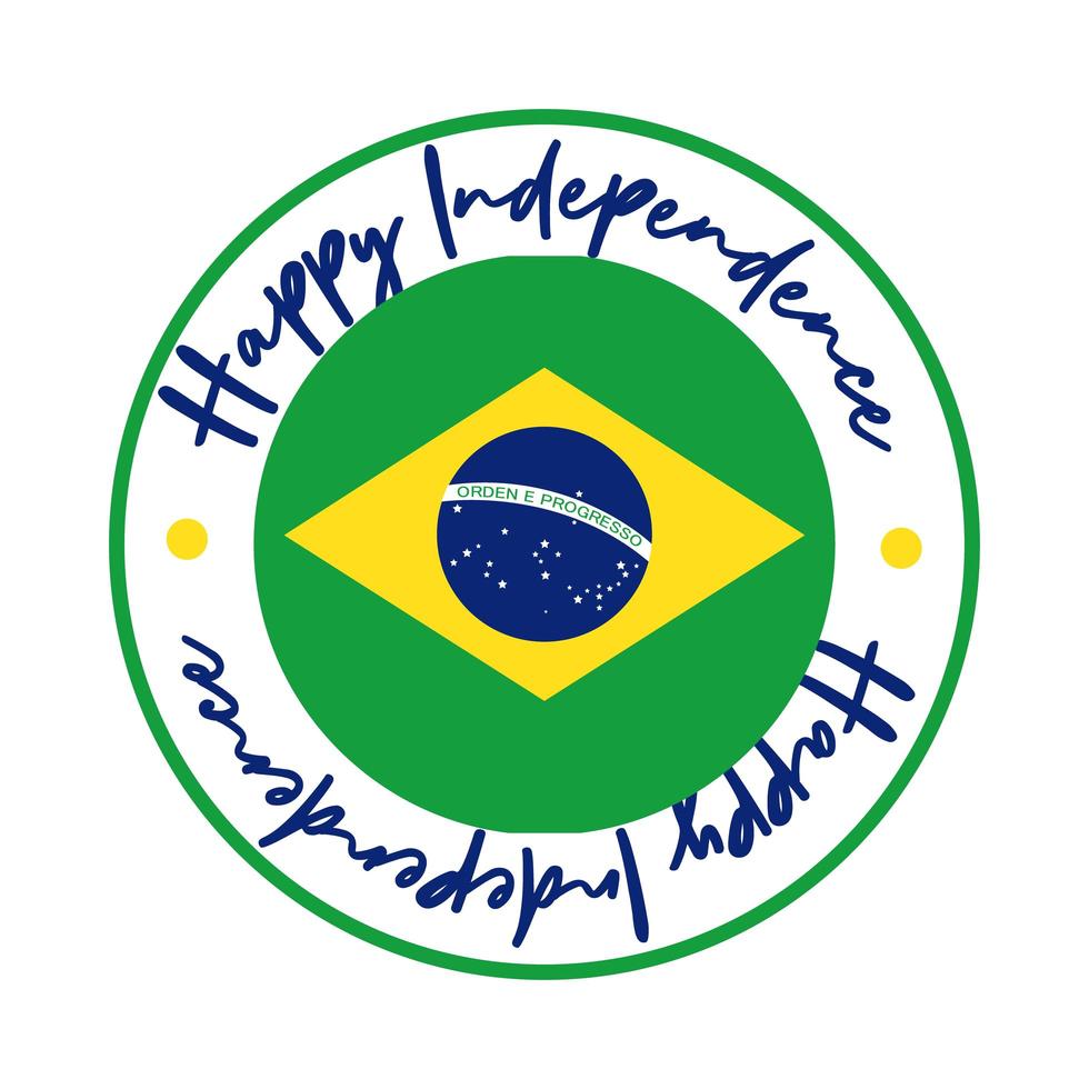 glücklicher Unabhängigkeitstag Brasilien Karte mit Flaggensiegel flachen Stil vektor