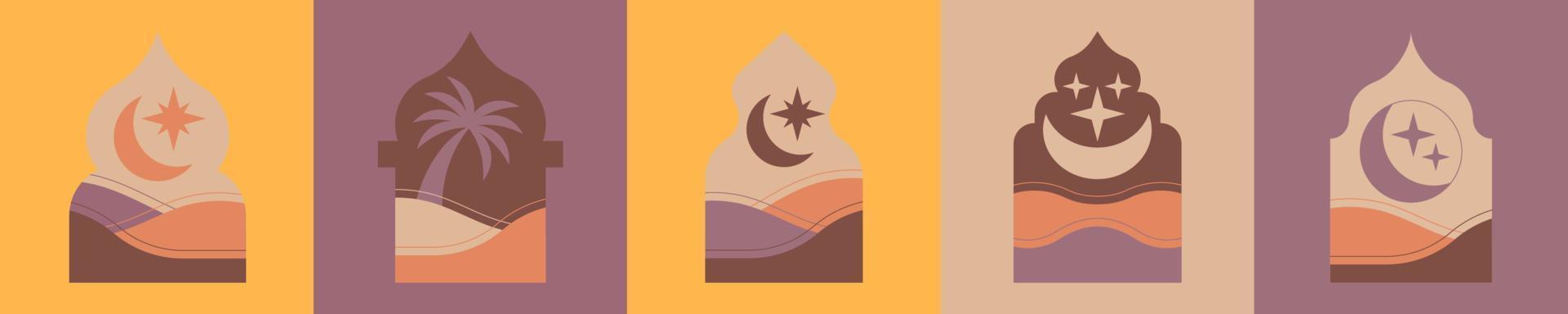 sammlung des islamischen minimalen bogentürrahmens mit sanddüne, palme und halbmondhintergrund für ramadan kareem grußkarte. vektor