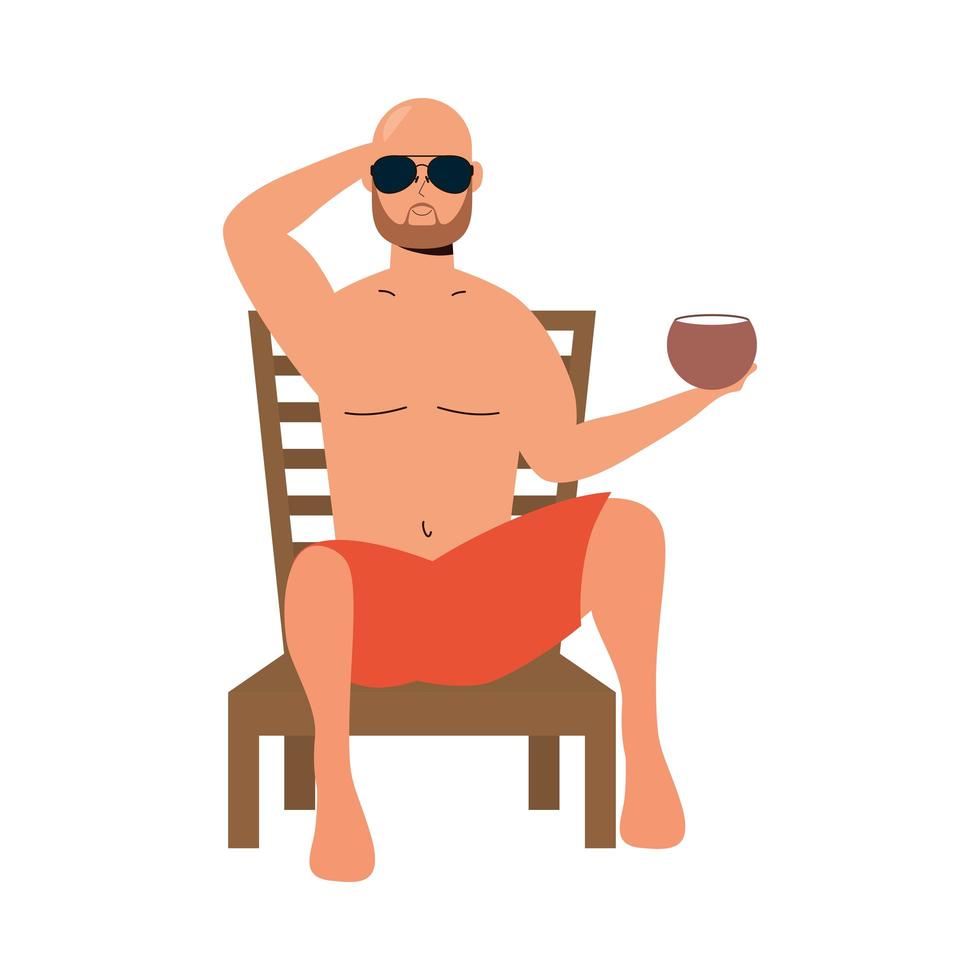 man som bär baddräkt som sitter på strandstol som äter kokosnöt vektor