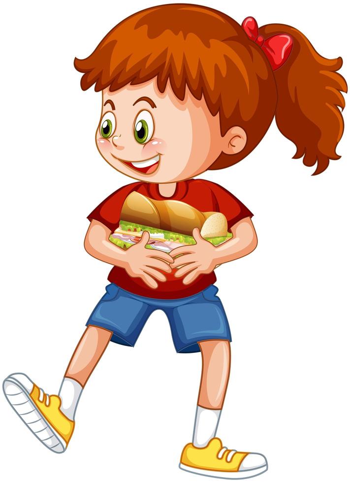 ein Mädchen, das Nahrungsmittelkarikaturfigur lokalisiert auf weißem Hintergrund hält vektor