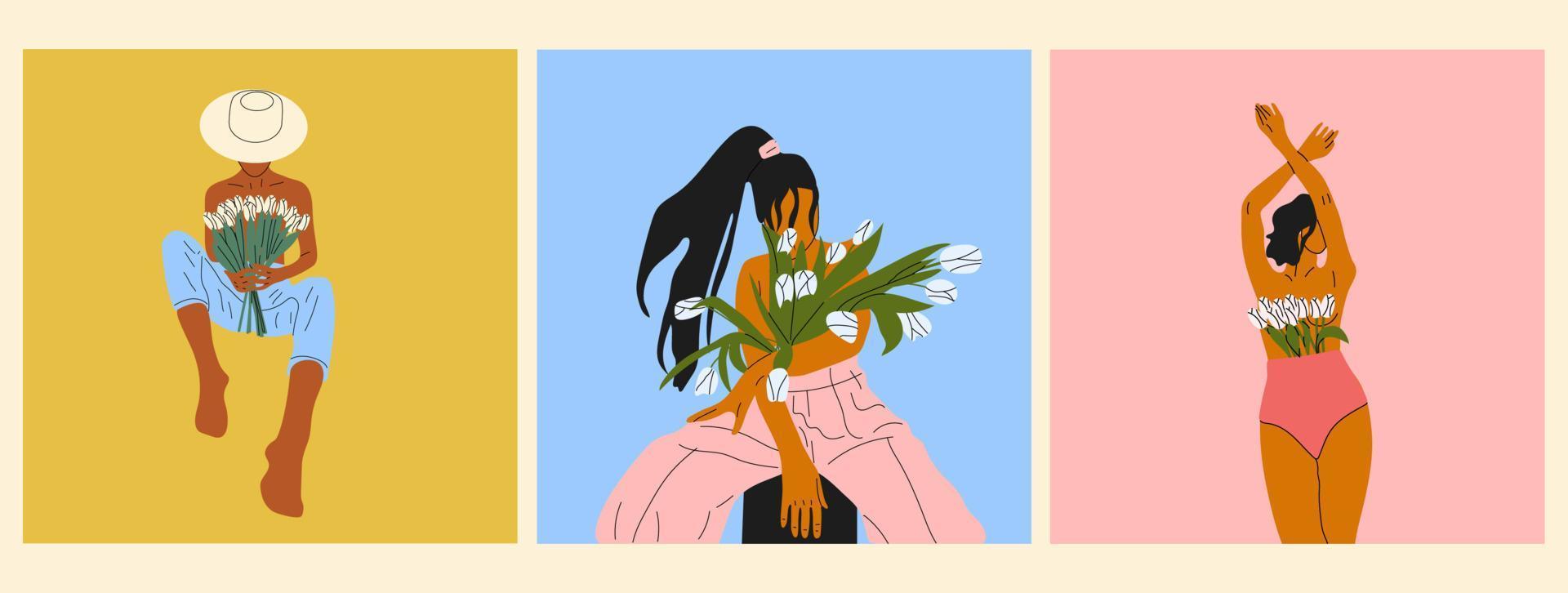 uppsättning av tre kvinna blomning från inom platt vektor illustration. naken kvinnor med blommor växande från bröst. kvinnlighet, feminism, välstånd och själv kärlek begrepp.