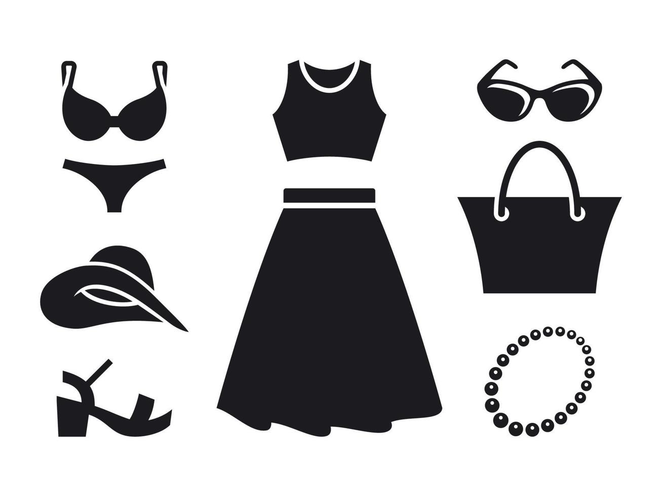 samling av kvinnors sommar Kläder. svart på en vit bakgrund vektor