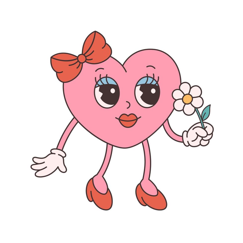 trendige Retro-Cartoon-Herzfigur. grooviger Stil, Vintage, 70er-60er-Ästhetik. Valentinstag. vektor