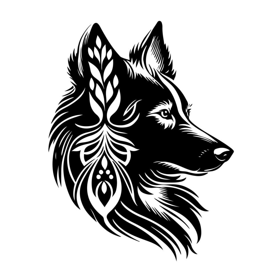 dekorativ sibirisk huskies hund porträtt. dekorativ illustration för logotyp, emblem, tecken, broderi, namnskylt, sublimering. vektor