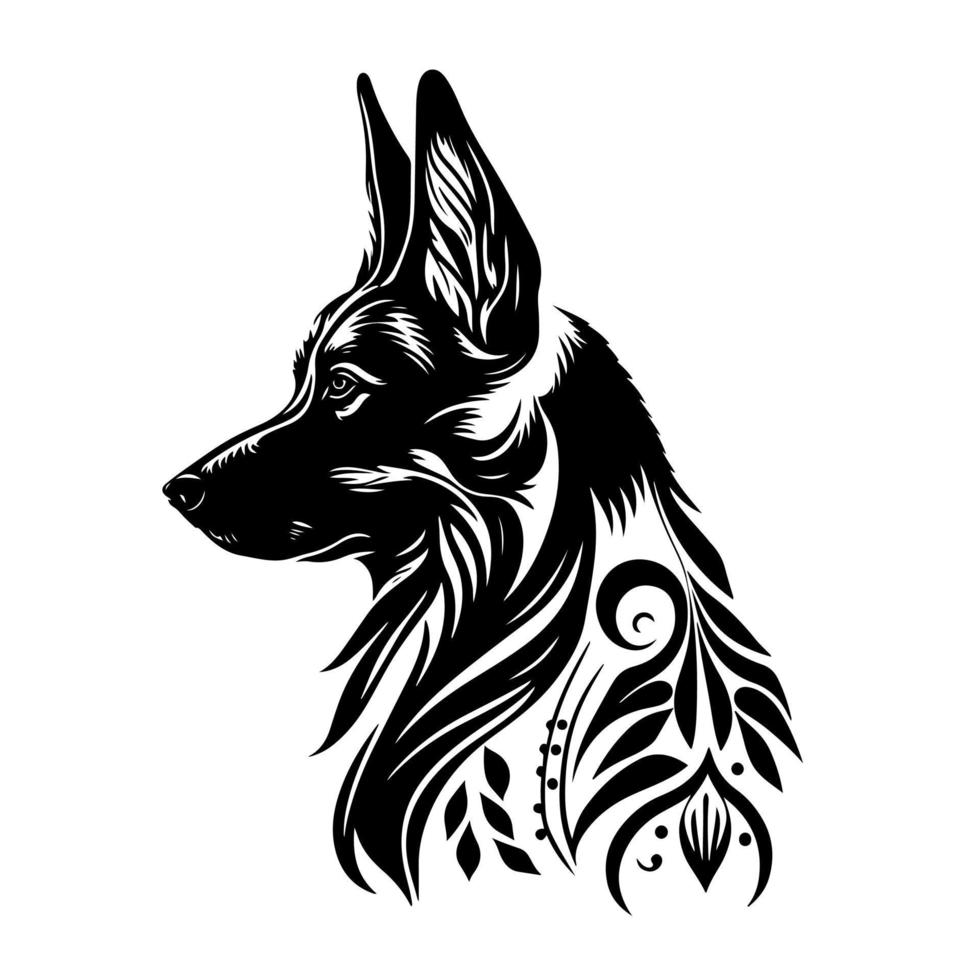 dekoratives hundeporträt, deutsche schäferhundrasse. monochromer Vektor für Logo, Emblem, Maskottchen, Stickerei, Holzverbrennung, Basteln.