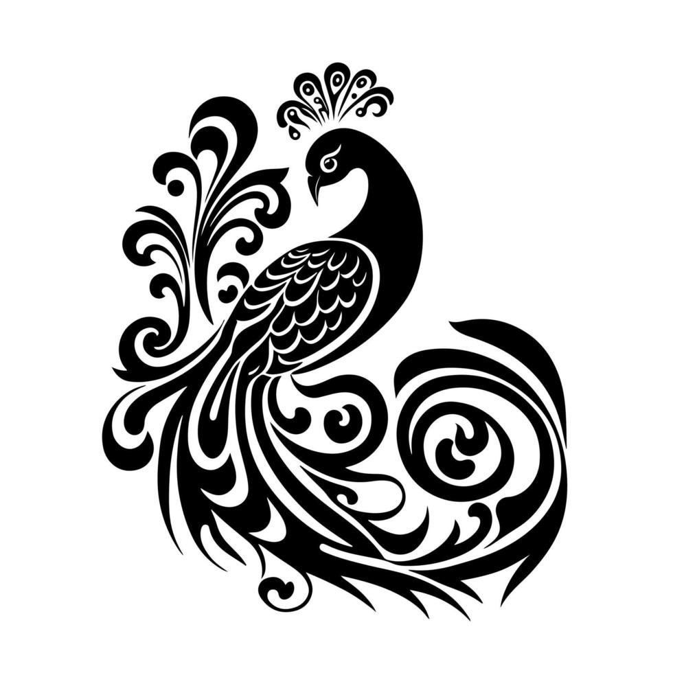 påfågel med ett dekorativ svans. dekorativ, svartvit illustration för logotyp, emblem, maskot, broderi, trä brinnande, hantverk. vektor
