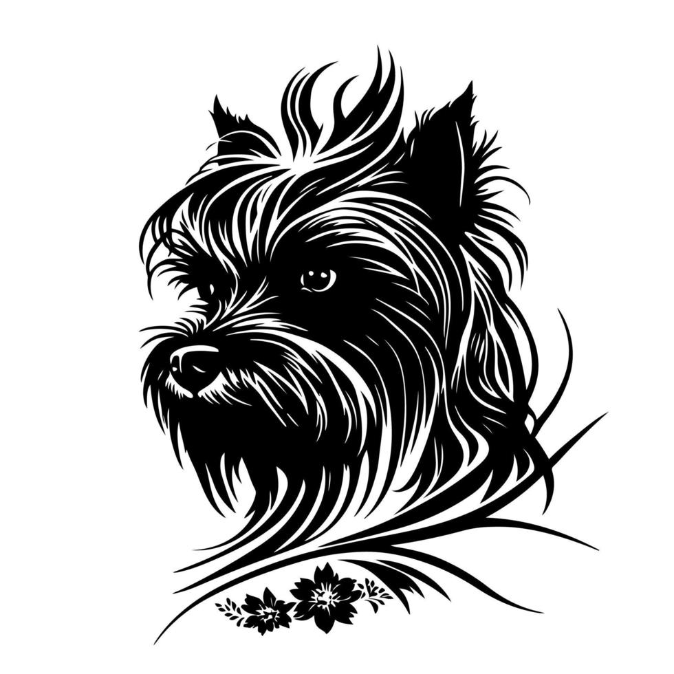 fluffig hund porträtt, yorkshire terrier ras. dekorativ svartvit vektor för logotyp, emblem, maskot, broderi, tecken, hantverk.