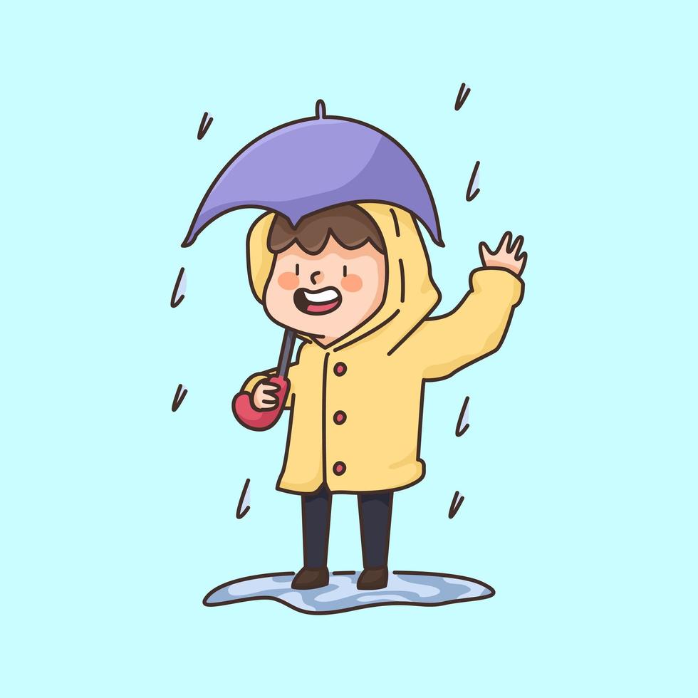 regnar pojke som bär en kappa söt tecknad illustration vektor