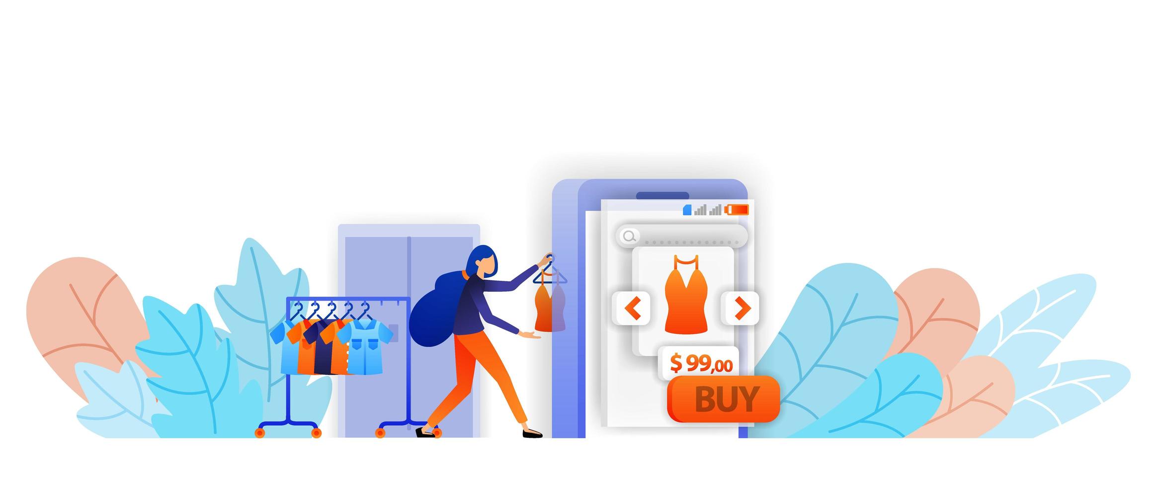 Online-Shop-Verkäufer zeigen Kleidung im mobilen E-Commerce an. Mit einem Online-Shop ist das Einkaufen einfacher. Vektor-Illustrationskonzept für Landing Page, Web, UI, Banner, Flyer, Poster, Vorlage, Hintergrund vektor