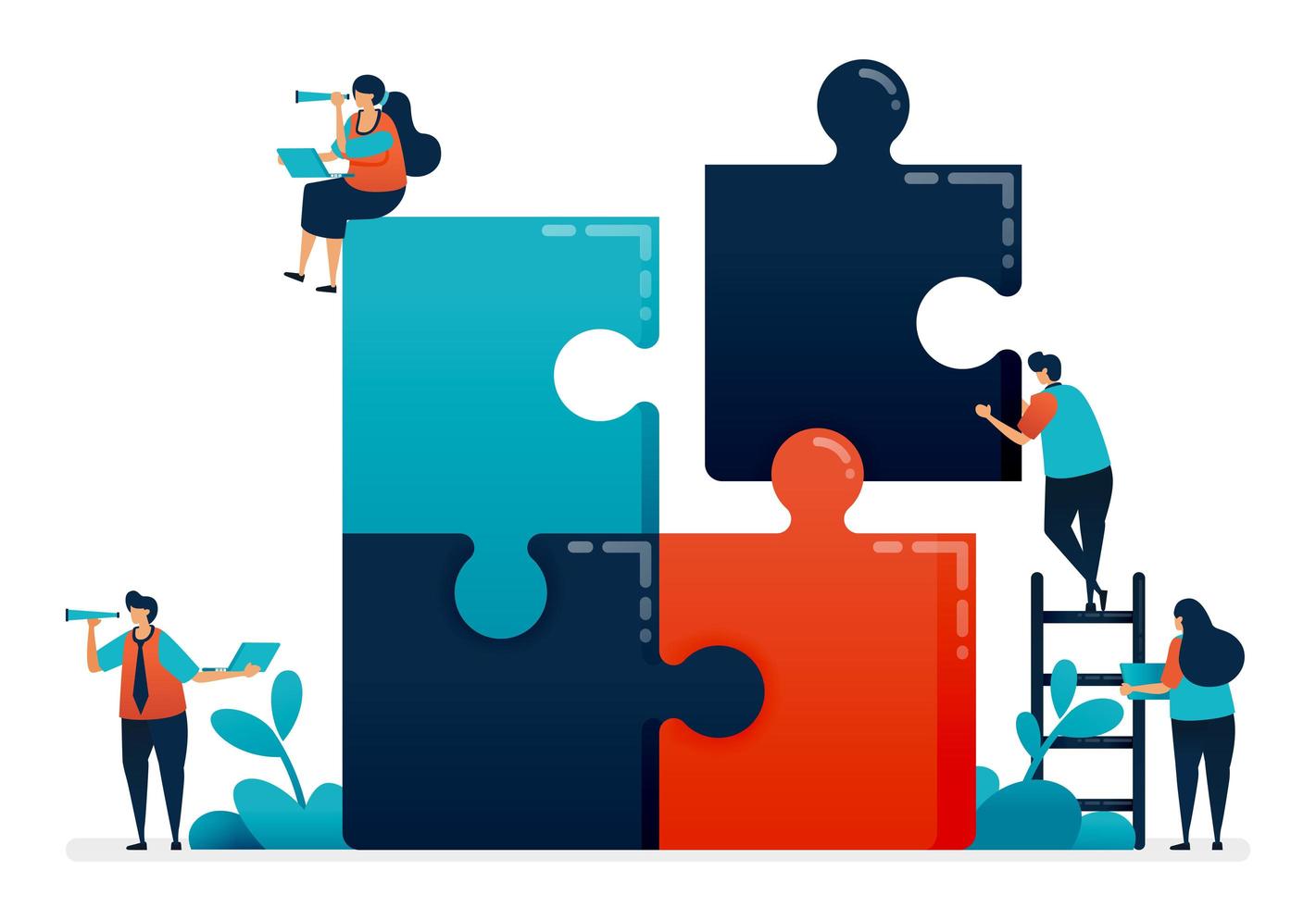 Üben Sie die Zusammenarbeit und Problemlösung in Teams, indem Sie Puzzlespiele abschließen, Probleme in Unternehmen und Unternehmen lösen, Zusammenarbeit und Teamarbeit, Illustration von Website, Banner, Software und Poster vektor