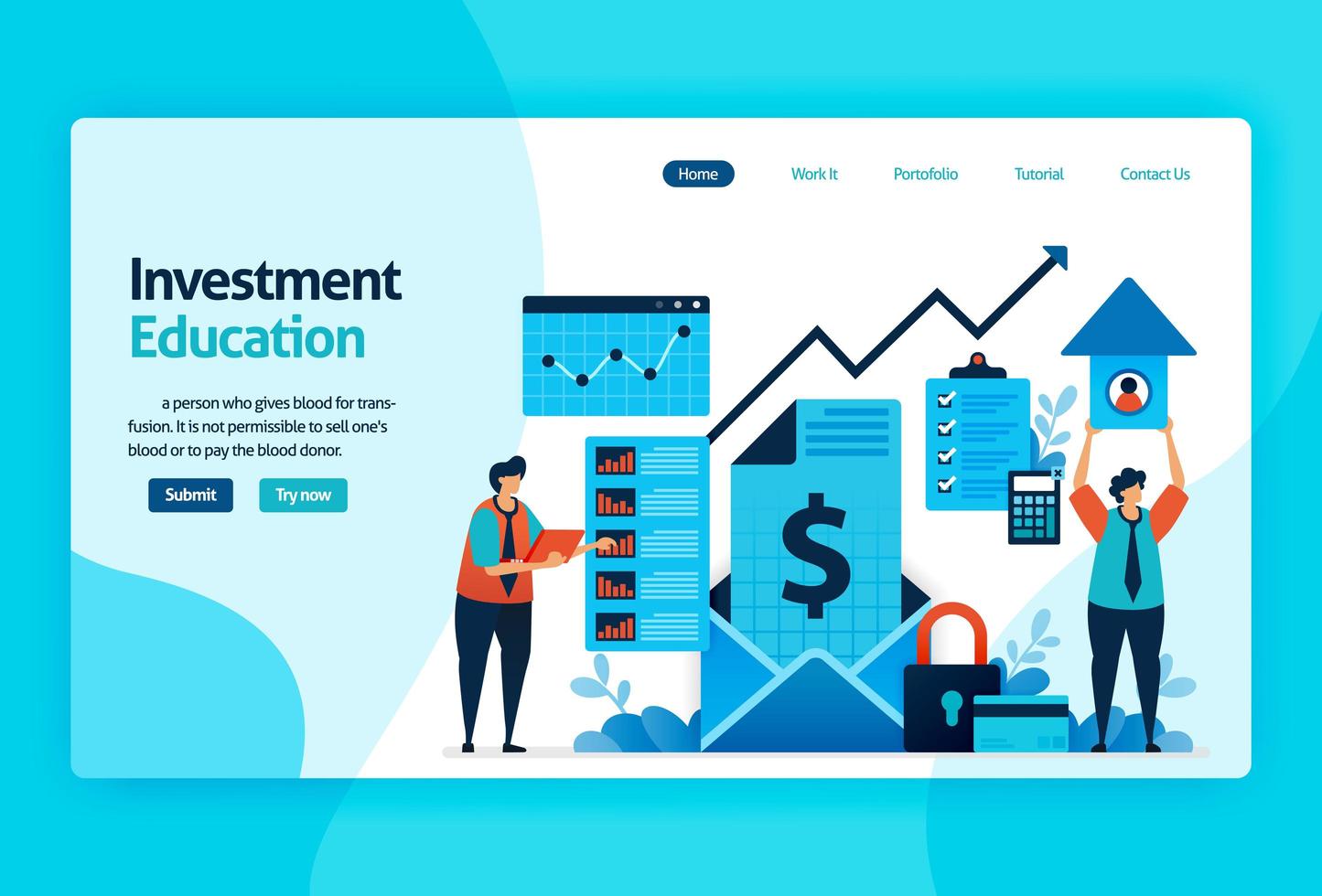 Landing Page Vector Design für Investment Education. Kapitalrendite mit Planungs-, Aktien- und Investmentfonds, festverzinslichen Wertpapieren, Geldmarkt. für Banner, Illustration, Web, Website, mobile Apps