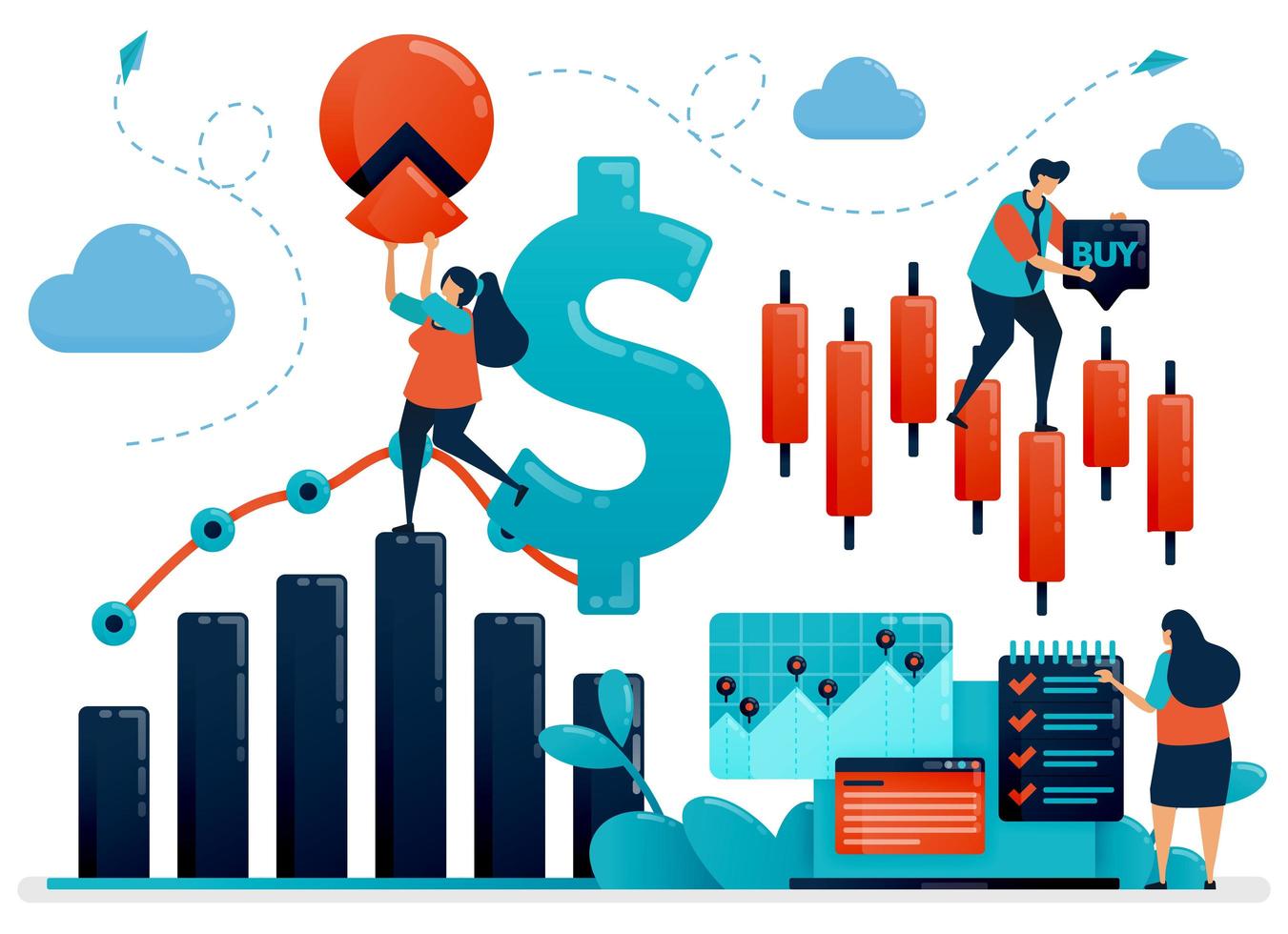 Finanzplattform zur Auswahl von Investitionen. Statistikdaten für die Buchhaltung. Analyse von Geschäftsdaten und Unternehmenswachstum. flache Vektor menschliche Illustration für Landing Page, Website, Handy, Poster