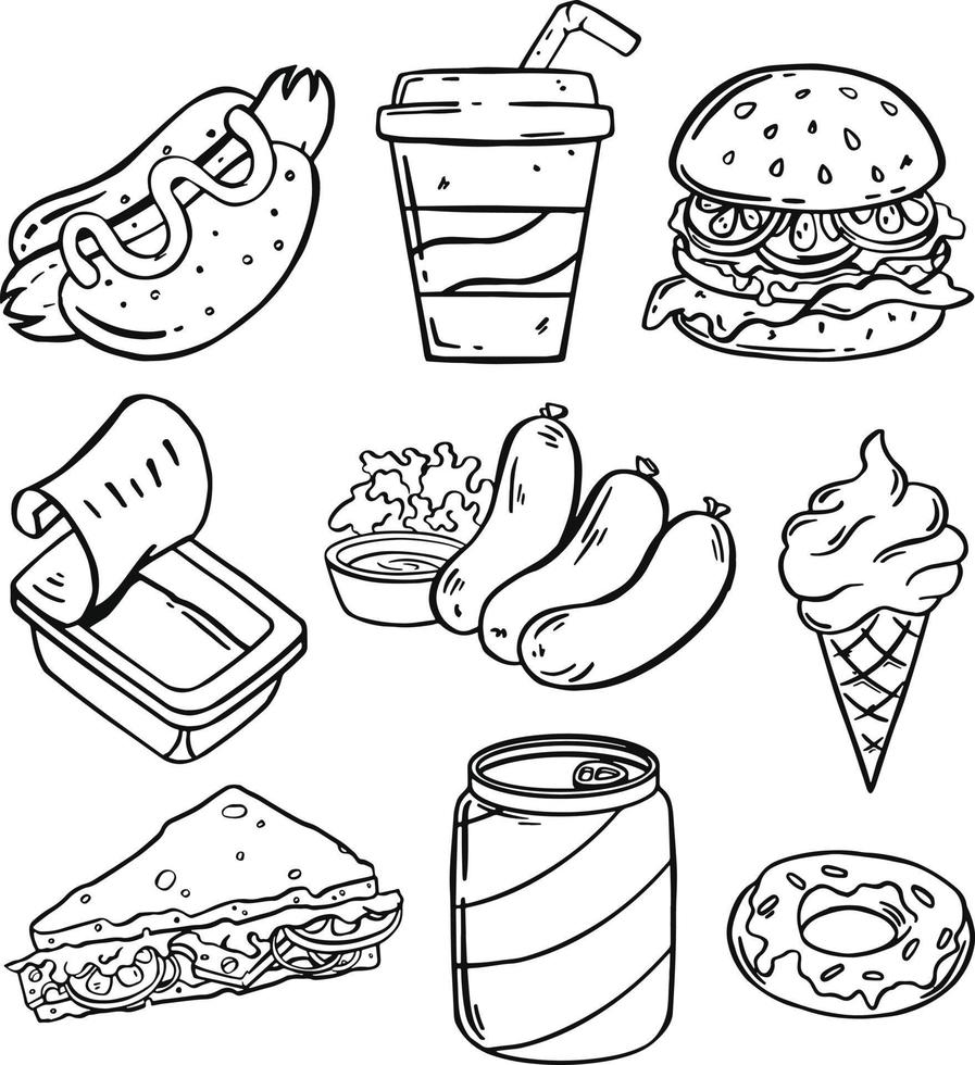 Vektor-Set von handgezeichneten Fast-Food-Illustrationen, mit Burger, Hot Dog, Pizza, Sandwich, Hamburger, Sodabecher, Eis, Pommes Frites, Kaffeetasse, Taco, Cupcake, Croissant. vektor