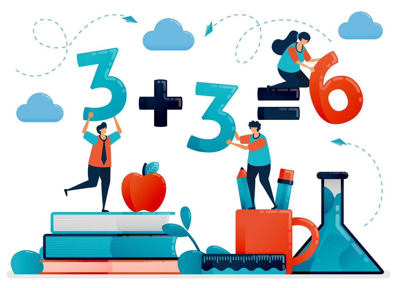 Bildung für Kinder. Mathematikstunde zum Zählen und Zahlen. Kinder lernen in der Schule. Vorschulkindergarten. flache Zeichenvektorillustration für Landing Page, Web, Banner, mobile Apps, Poster vektor