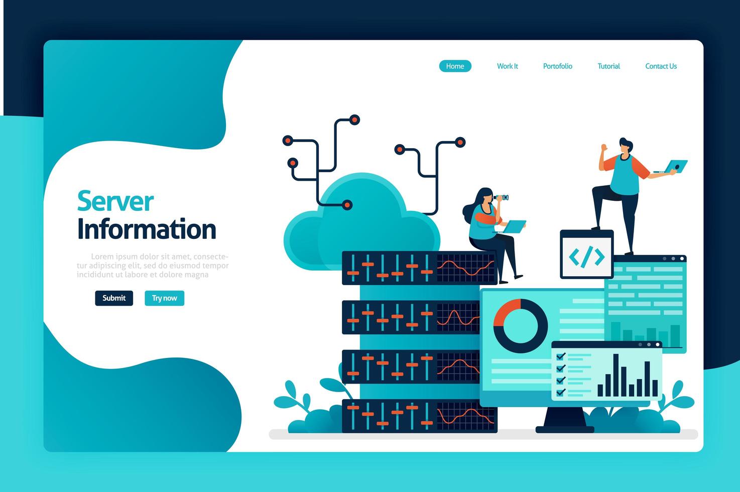 Design der Zielseite für Serverinformationen. Regulieren Sie den Informationsfluss in Datenbank, Rechenzentrum, Big Data, Serverraum und analysieren Sie Statistiken. Vektorillustration für Plakat, Website, Flyer, mobile App vektor