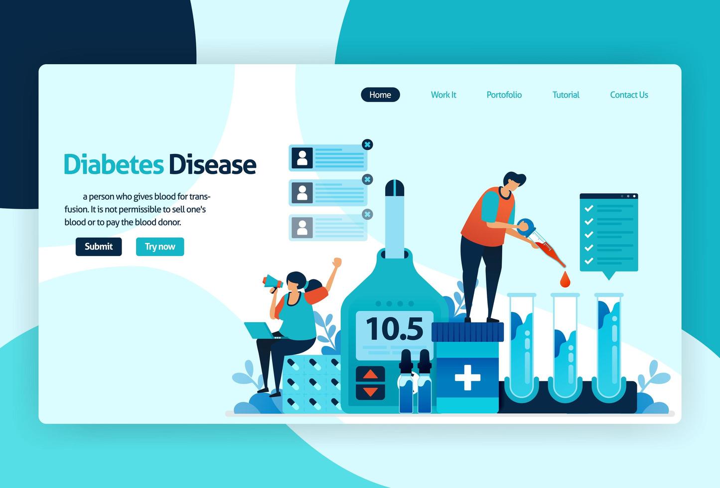 Vektor flache Illustrationsschablone von Blutzucker- und Diabetesprüfungen. Bewusstsein für Insulinspiegel Gesundheitschecks in Krankenhaus, Klinik, Labor. für Banner, Landing Page, Web, Website, mobile Apps