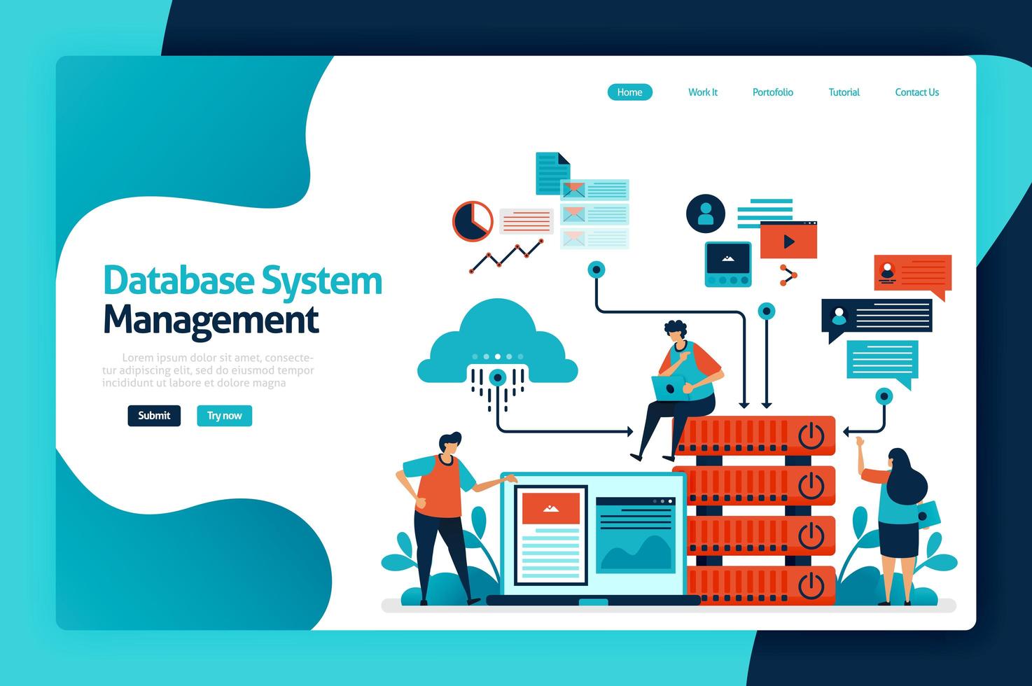 Landingpage-Design für die Verwaltung des Datenbanksystems. Verwalten, steuern und verwalten Sie den Datenzugriff auf Datenbanken, Cloud-Speichernetzwerke, Diagramme und Grafiken. Vektorillustration für Plakat, Website, Flyer, mobile App vektor