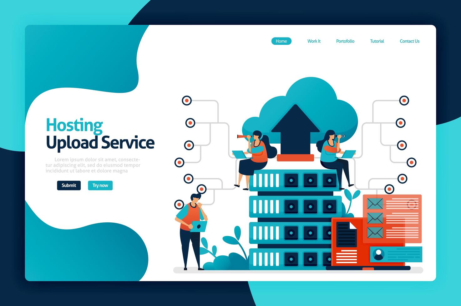 Hosting Upload Service Landing Page Design. Netzwerk-Upload-Datenbank auf Serverdienste, Cloud, Hosting. Datensicherung und Zugriffsschutz. Vektorillustration für Plakat, Website, Flyer, mobile App vektor