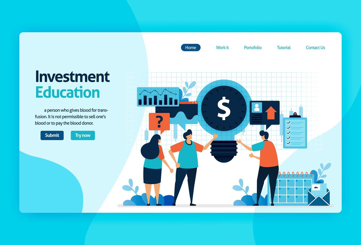 Landing Page Vector Design für Investment Education. Kapitalrendite mit Planungs-, Aktien- und Investmentfonds, festverzinslichen Wertpapieren, Geldmarkt. für Banner, Illustration, Web, Website, mobile Apps