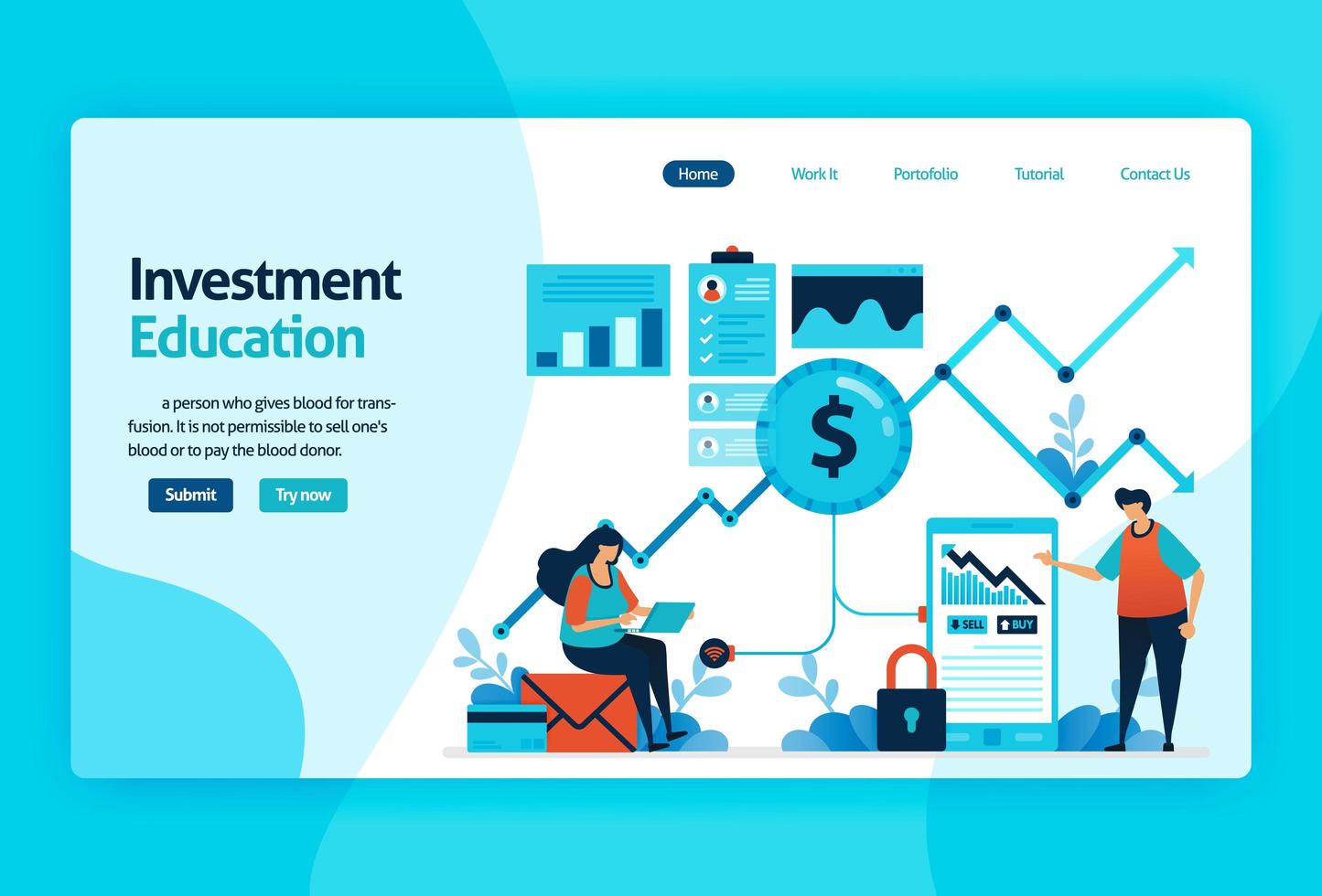 Landing Page Vector Design für Investment Education. Börse mit Strategie, Analyse, Planung. Kapitalmarktwachstum, Kapitalrendite. für Banner, Illustration, Web, Website, mobile Apps