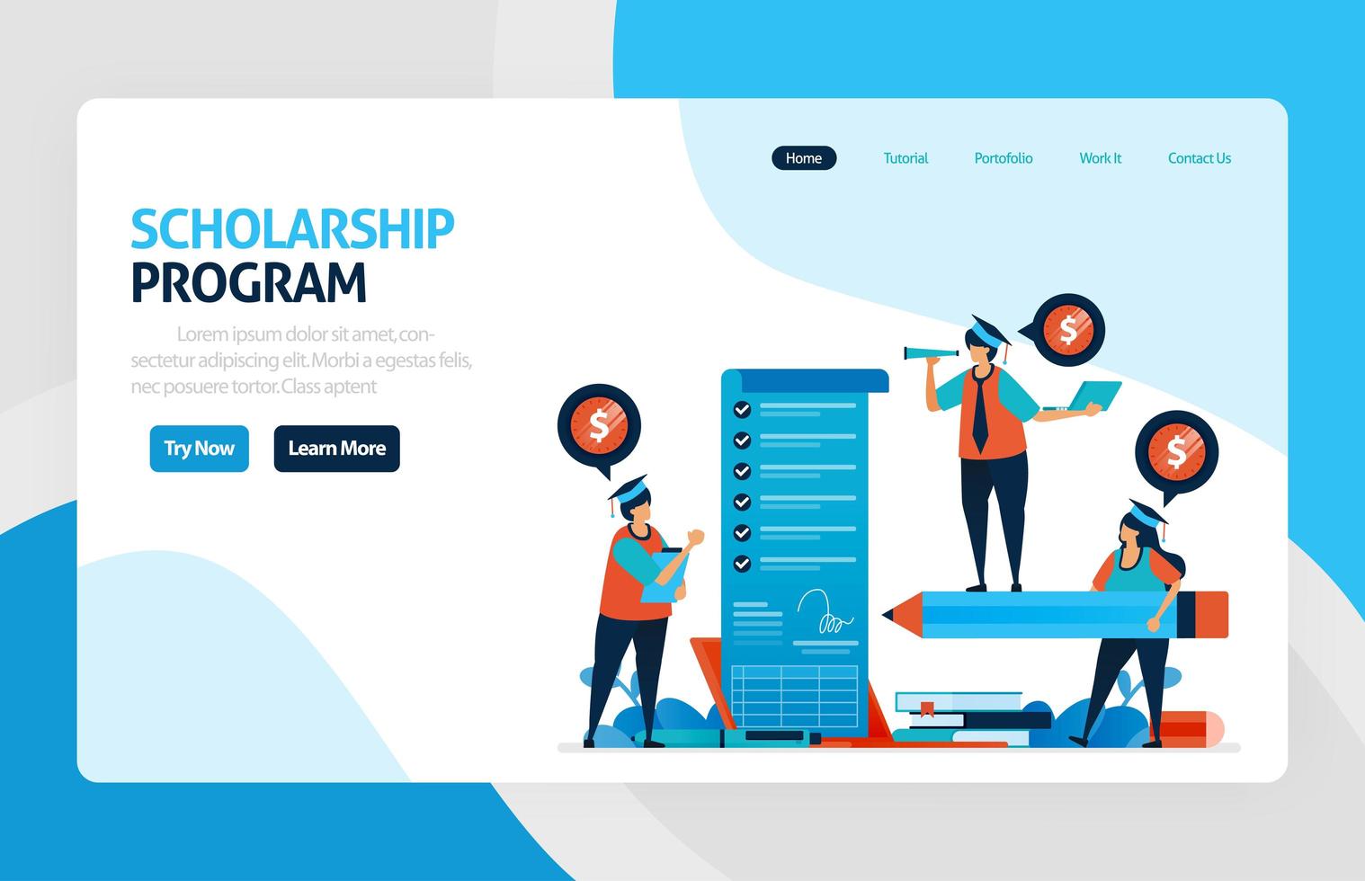 Landingpage für Stipendienausbildungsprogramm, offene Spenden und Finanzierung für herausragende Studenten, zinsgünstige Darlehen für Bildungseinrichtungen, Studiengebühren. für Banner, Web, Website, mobile Apps vektor
