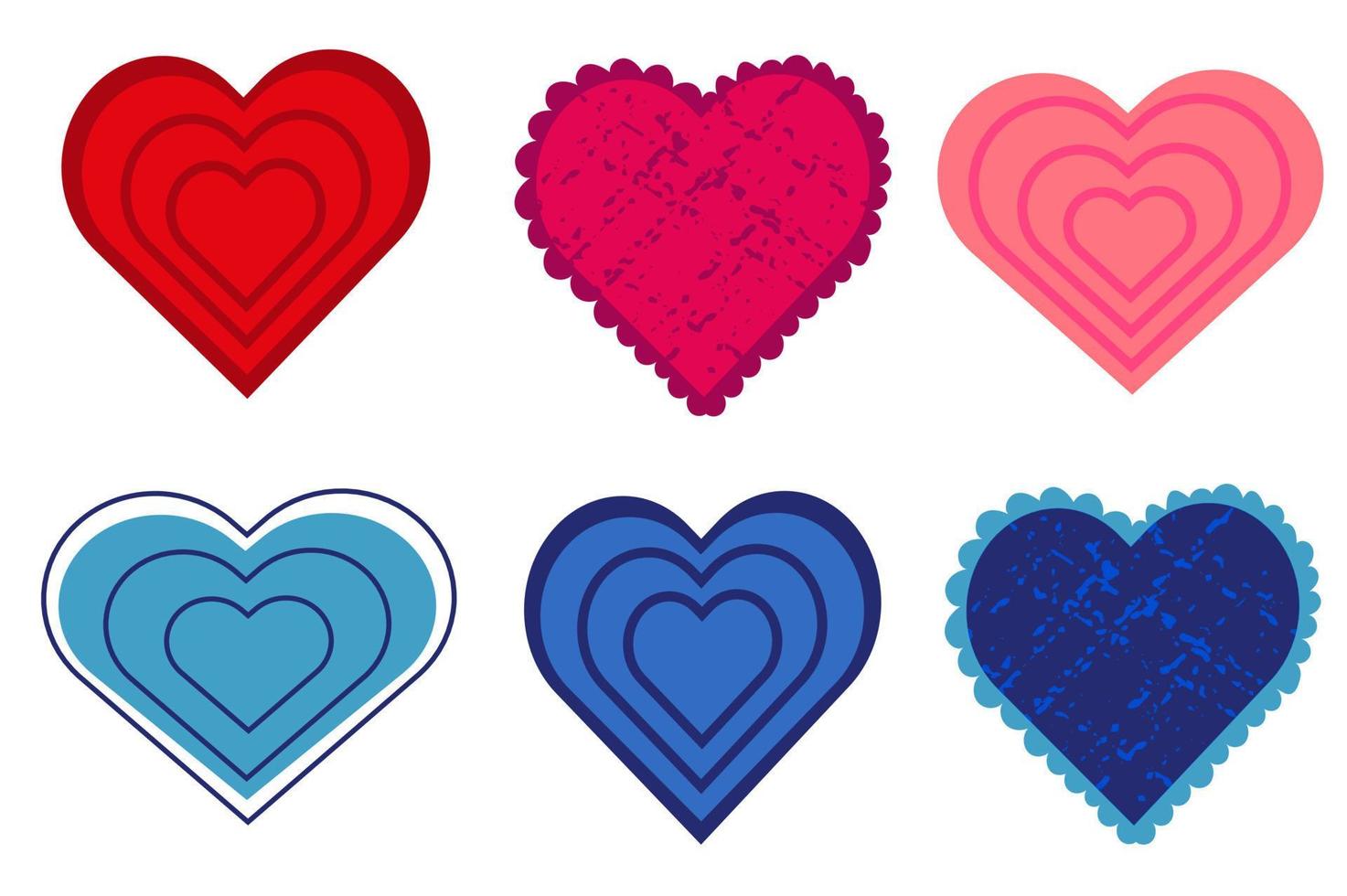 Set aus roten, rosa und blauen Herzen. Herzen mit unterschiedlichem Design. Liebe Retro-Vintage-Icon-Sticker-Set. valentinstag-illustrationsvektor. vektor