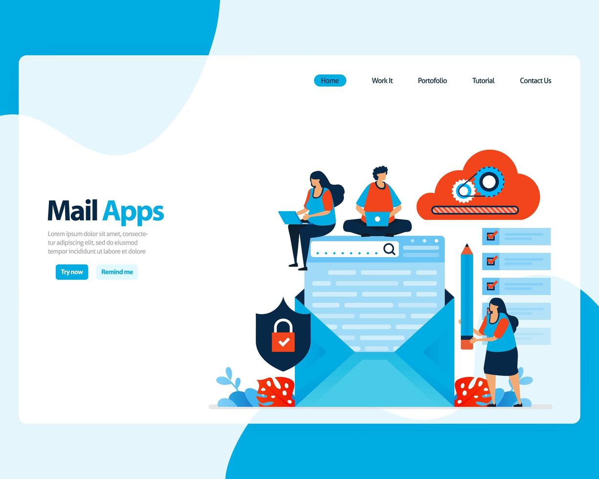 Vektor-Landingpage zum Senden, Empfangen und Verwalten von E-Mails. Arbeitsplanung mit digitalen Geschäfts-E-Mail-Diensten. Illustration für Landing Page, Vorlage, Benutzeroberfläche, Web, mobile Apps, Poster, Flyer, Anzeigen vektor